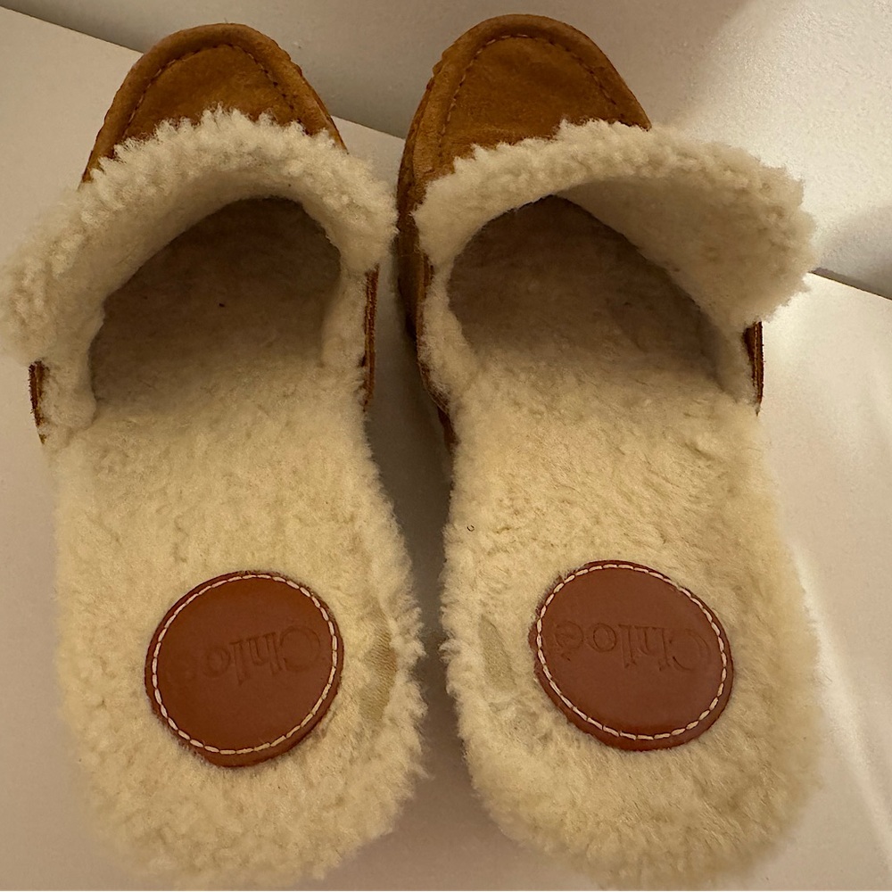 🤎SOLD🤎Chloe Joy Suede & Shearling Caramel Cognac Block Heel Clogs Size 39 EU - Picture 5 of 11
